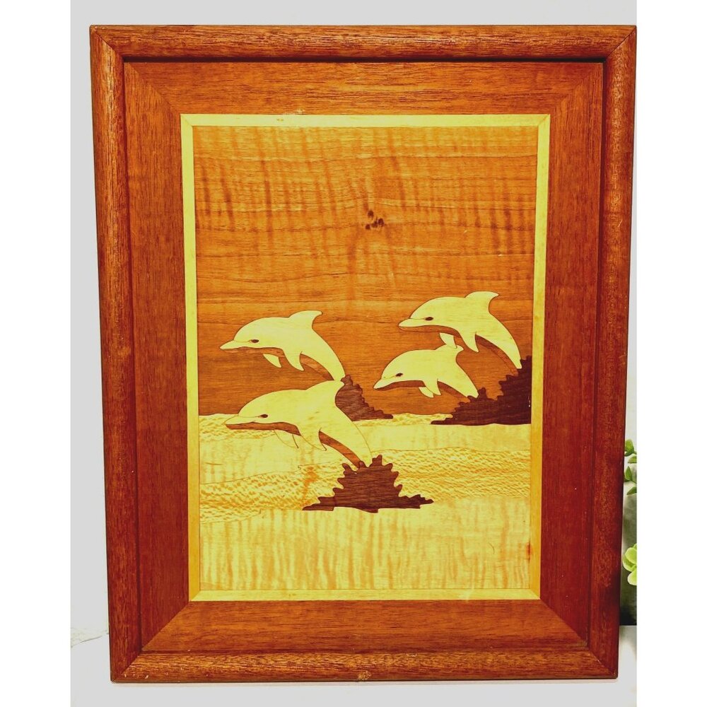 Wooden Marquetry Inlay Four Jumping Dolphins Wall Hanging 15 x 12 Inches